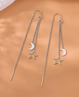 Silver Moon Star Threader Long Tassel Earring Chain, Drop Dangle Woman Earrings thumbnail 1