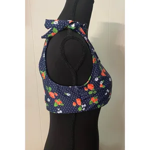 Modcloth Blue Polka Dot Strawberry Tie Strap Metal Back Closure Bikini Top Large thumbnail 3