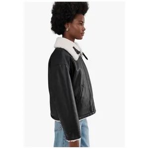 Levi's Reversible Sherpa Faux Leather‎ Jacket Women's S Black White Cozy thumbnail 6