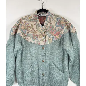 VINTAGE Woof Womens Cardigan Green Floral Folk Tapestry Wool Sweater 90s Large thumbnail 6