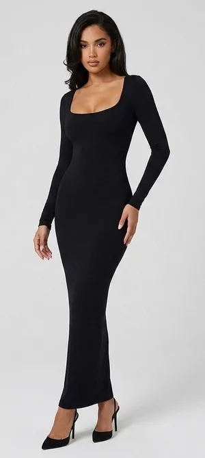 SKIMS Soft Lounge Long Sleeve Dress Modal Spandex Black Square Neck Ribbed Sz XS thumbnail 1