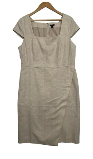 Ann Taylor Dress Womens 12 Beige Linen Sheath Cap Sleeve Career Office Classic thumbnail 1