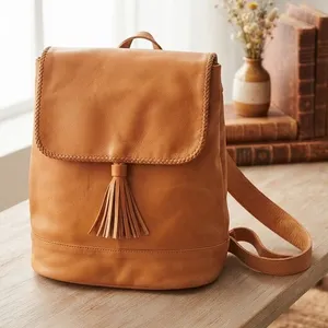 $258 Sensea Real Leather Moss Backpack Tan Boho Tassel Large Full-Size thumbnail 1