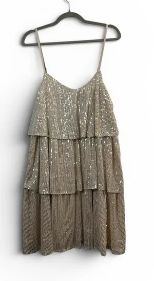 Women’s Champagne Gold Co Sequin Tiered Dress Size L Spaghetti Strap Cocktail thumbnail 1