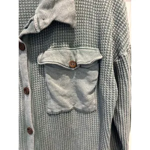 Bucketlist Womens Sage Green Waffle Knit Button Up Shacket Shirt Large‎ Thermal thumbnail 2