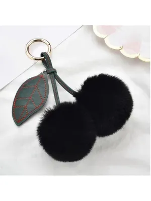 NEW Cherry Pom Pom Bag Charm Keychain Black Faux Fur NWT thumbnail 2