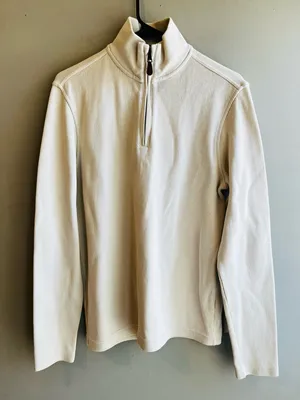 Banana Republic Women’s Cream Quarter-Zip Pullover Sweater Elbow Patches Small thumbnail 1