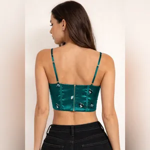 White Fox Boutique Satin Corset Crop Top Teal Floral Bustier Camisole Y2K Chic thumbnail 4
