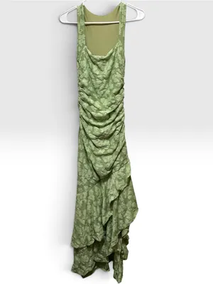 Sage Green Textured Floral Ruched Ruffle Asymmetrical Maxi Dress Size Small thumbnail 2