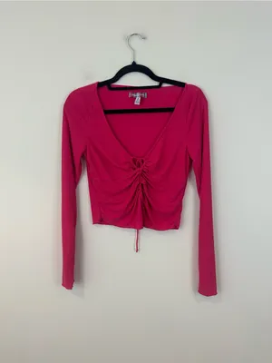 Urban Outfitters Pink Ruched Long-Sleeve Crop Top Ribbed Material Size Medium thumbnail 2