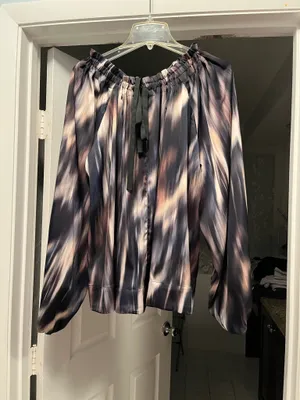 NWOT S H&M Multi-Color Women’s Smocked Neck Long Sleeve Blouse Business Casual thumbnail 7