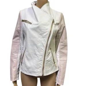 Guess Pink White Faux Leather Moto Jacket Gold Exposed Zipper Womens Small thumbnail 4