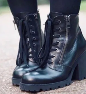 ASH Poker Black Leather Women’s Laceup Combat Boots with Chunky Heel 40 10 thumbnail 1