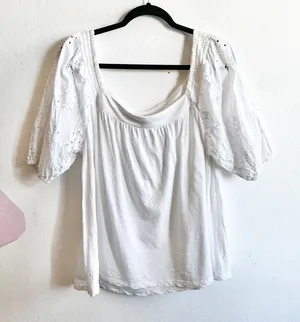 Lucky Brand Eyelet Top‎ Puff Sleeve Peasant Cottagecore Romantic XL thumbnail 1