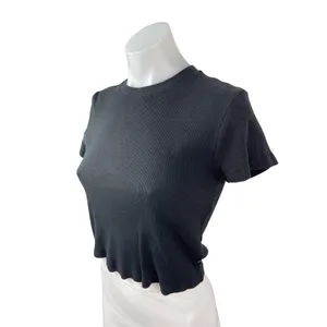 Aritzia TNA Women's Black Ribbed Knit Short Sleeve Crop T Shirt Tee Top Size L thumbnail 2