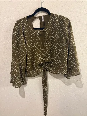 Xhilaration Olive Green White Polka Dot Tie-Front Blouse thumbnail 1