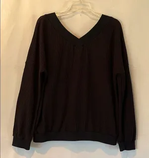 Waffle Knit V Neck Off Shoulder Black Shirt size XL thumbnail 1