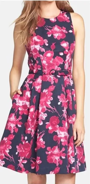 Eliza J Floral Fit & Flare Dress Navy Pink Belted Sleeveless Size 4 thumbnail 1