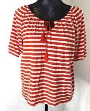 NWT Chic J. Crew linen blend red‎ white striped tassel tie blouse M thumbnail 1