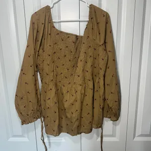 Smocked Off The Shoulder Top Blouse Womens 2X Brown Floral Cotton Cottagecore thumbnail 4