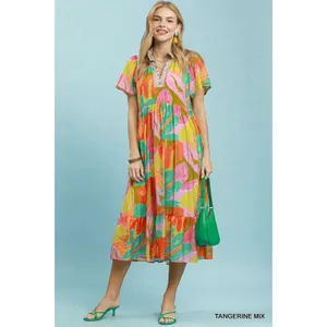 Umgee Abstract Tropical Print Tiered Midi Dress - Tangerine Mix - Small thumbnail 4