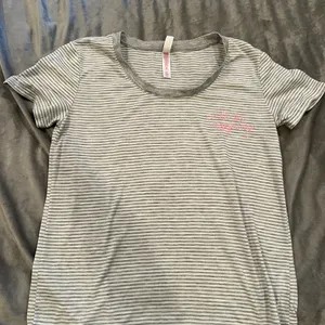 Gray Striped T-Shirt with Pink Embroidery thumbnail 1