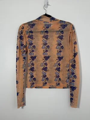 Free People Size XS Coral Floral High Neck Mesh Top Long-Sleeve Sheer Boho thumbnail 4