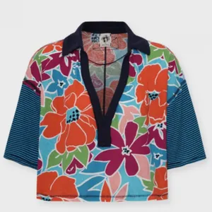 NWOT Free People Floral Striped Collared On A Boat Boxy Crop Polo Shirt thumbnail 5