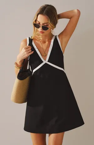 Commense Black Mini Dress with White Piping thumbnail 1