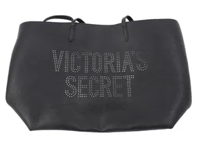 Victoria's Secret Black Pebbled Faux Leather Perforated‎ Logo Tote Silver Inside thumbnail 1
