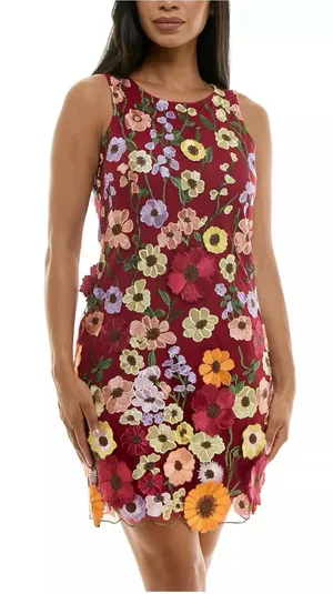 Nina Leonard Burgundy Floral Embroidered Midi Dress thumbnail 1