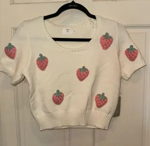 Luna Ivy Cream Strawberry Embroidered Short Sleeve Sweater Top thumbnail 1