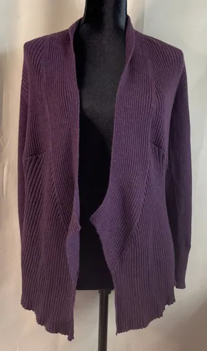 Eileen Fisher Womens XS Cardigan Sweater Purple Merino Wool‎ Ribbed Open Front thumbnail 1