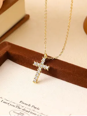 Gold Alloy Crystal Cross Pendant Necklace Cable Chain Lobster Clasp 15.75" Adj thumbnail 8