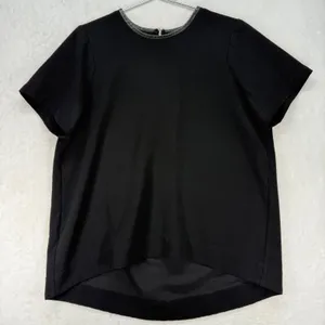 Madewell Black Top Leather Trim Short Sleeve High Low Hem Blouse Size‎ L thumbnail 1