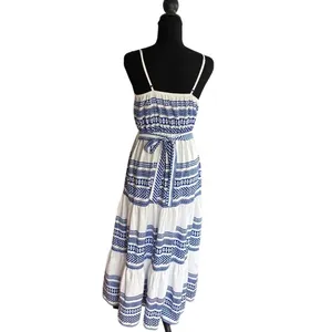 Boho Tiered‎ Maxi Dress White Blue Geometric Spaghetti Strap Summer thumbnail 3