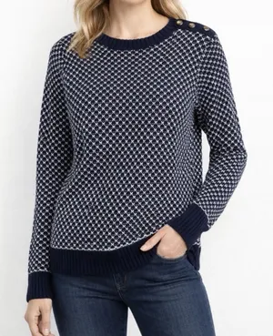 LL Bean Navy Blue White Crew Neck Pullover Cotton Button‎ Detail Sweater MEDIUM thumbnail 1