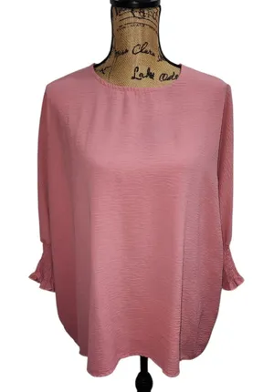 Long Sleeve Smocked Cuff Blouse Top Pink Textured Casual XL‎ thumbnail 1
