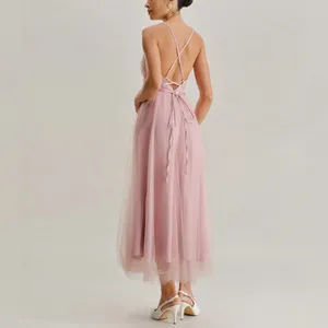 Rihoas Pink Mesh Flowy Slip Midi Dress thumbnail 4