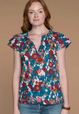 Olivia James Astrid Ruffle Sleeve Top – XS – Abstract Floral in 100% Cotton thumbnail 1