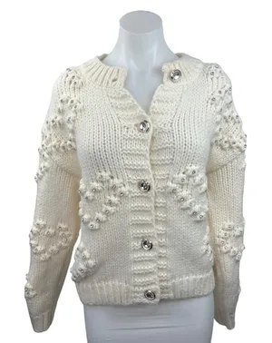 Self-Same Women's White Knitted Long Sleeve Button Up Cardigan Sweater Top Sz S thumbnail 1
