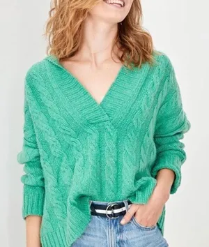 American Eagle cableknit green cropped hooded sweater thumbnail 1