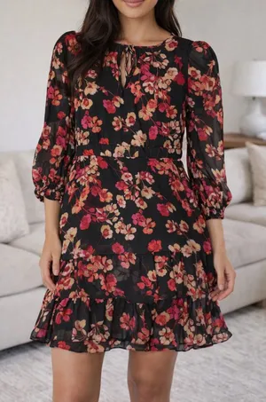 Tommy Hilfiger Black and Reddish Pink Floral Long Sleeve Dress metallic NWT thumbnail 1