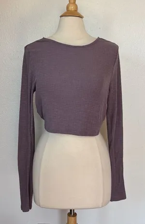 Aeropostale Solid Purple Textured Long Sleeve Twist Back Crop Top thumbnail 1