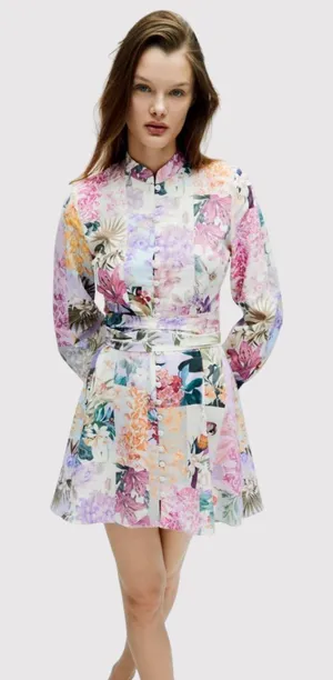 ZARA Dress Purple Mini Floral Patchwork Linen Shirtdress Waist Tie Boho Medium thumbnail 1