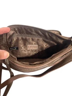 Fossil Brown Leather Crossbody Purse Bag Adj Strap Organizer Zip Closure thumbnail 4
