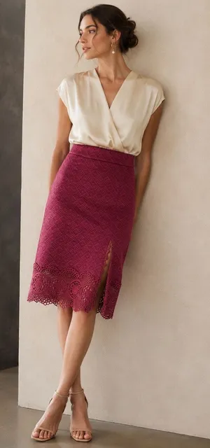 FREE PEOPLE Storyteller Crochet Lace Trim Quilted Pencil Skirt Burgundy Size XS thumbnail 1