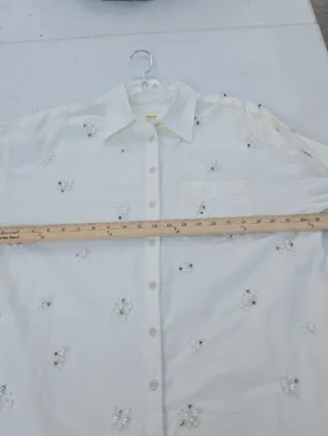 Maeve Embellished White Button-Up Shirt - Elegant Pearl Detail Size S thumbnail 10
