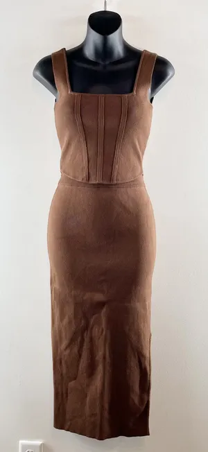 Miou Muse Knit Set Cropped Corset Top High Rise Midi Skirt Brown Small thumbnail 1