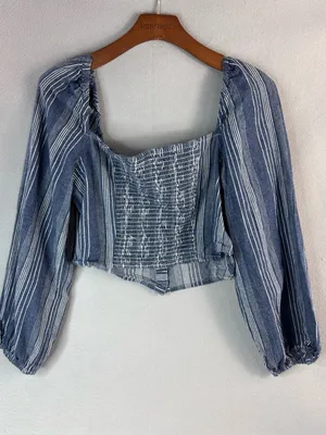 Charlotte Russe M Peasant Cotton Blue and White Striped Square-Neck Crop Top thumbnail 2